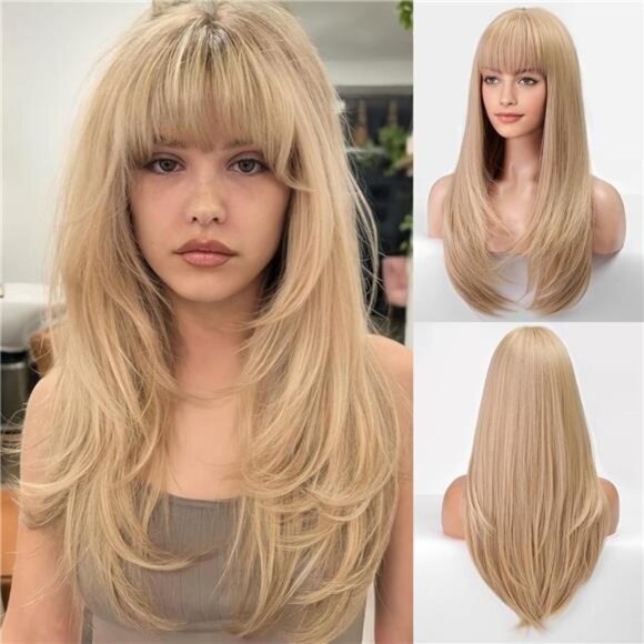 613 Blonde Wig With Bangs For Women Long Straight Wigs Synthetic Layered - Picture 1 of 6